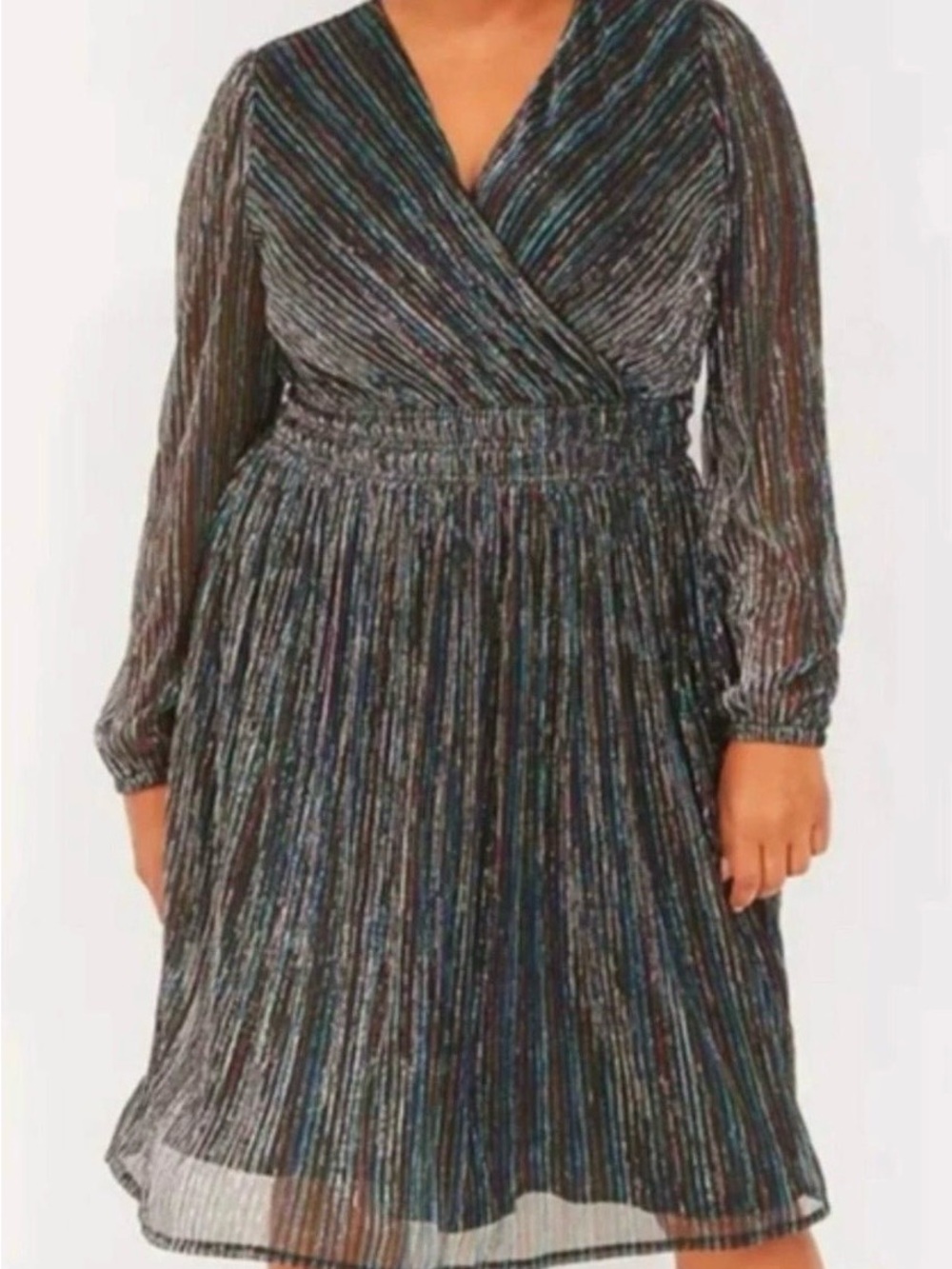 Lane Bryant Metallic Multi-Stripe Pleated Plus Size Wrap Dress